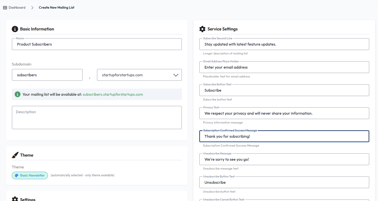 Email Marketing Platform - Professional mailing list creation interface with subscriber management